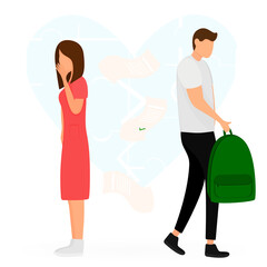 couple had problems in a relationship or a quarrel on the verge of divorce. The man leaves with things from the family and drops the divorce papers.Vector illustration in a flat style