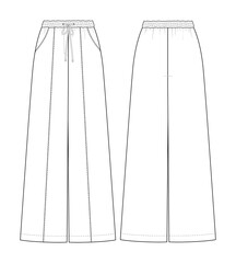 Fashion technical drawing of palazzo trousers with elastic band and drawstring waist. Fashion flat sketch of casual wide pants