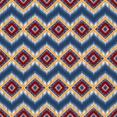 Red, Yellow, White on Navy Blue. Geometric ethnic oriental pattern traditional Design for background,carpet,wallpaper,clothing,wrapping,Batik,fabric, illustration embroidery style