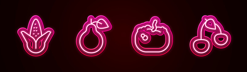 Set line Corn, Pear, Pumpkin and Cherry. Glowing neon icon. Vector