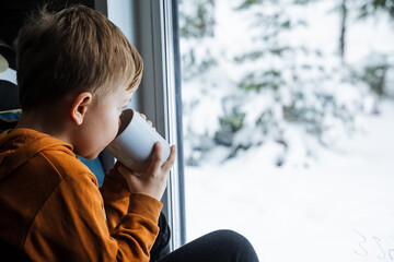 A cute boy drinks warm cocoa and sits by the window. Winter landscape outside the window. Schoolchildren on vacation. comfort and tranquility