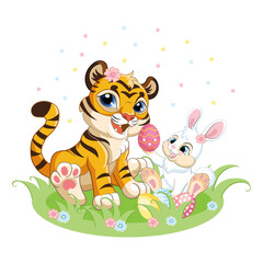 Obraz na płótnie Canvas Cute tiger with Easter bunny vector illustration