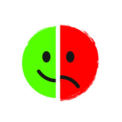 Positive and negative emoticons isolated on white background. Happy and unhappy smile. Green and red colour. Vector illustration
