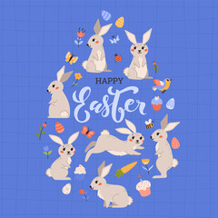 Happy easter. Spring set of beige rabbit, eggs, cakes, flowers, butterflies. Cute flat vector illustration on purple background.