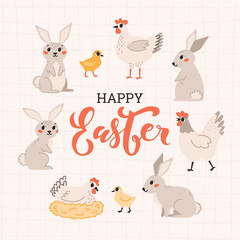 Happy easter. Spring set of rabbit, chickens, chicks. Cute flat vector illustration isolated on white background.