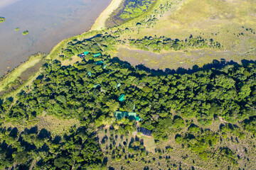 Aerial  view iSimangaliso Wetland Park, a protected area on the east coast of the South African province of KwaZulu-Natal. St. Lucia South Africa. Tourism and vacations concept.