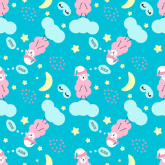 Fototapeta na wymiar Seamless Pattern. Sheep jumping. Cloud star in the sky. Cute cartoon kawaii funny smiling baby character. Wrapping paper, textile template. Nursery decoration. Blue background. Flat design Vector