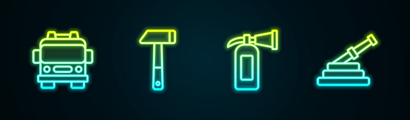 Set line Fire truck, Hammer, extinguisher and hose reel. Glowing neon icon. Vector