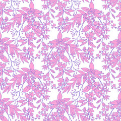 Seamless pattern of decorative flowering branches of spirea, jasmine with foliage and small flowers, purple outline and pink fill.