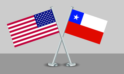 Crossed flags of United State of America (USA) and Chile. Official colors. Correct proportion. Banner design
