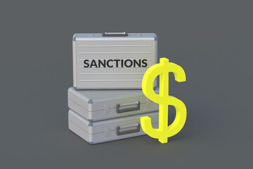 Money briefcase with inscription sanctions, dollar symbol. Severe financial constraints. Prohibition of international transfers. Strict ban on financial activities. Economic restrictions. 3d render