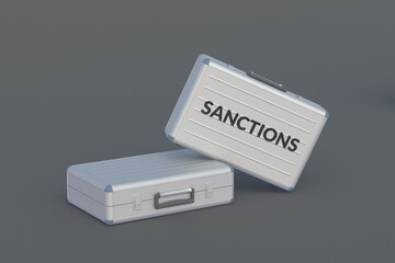 Money briefcase with inscription sanctions. Severe financial constraints. Prohibition of international transfers. Strict ban on financial activities. Economic restrictions. 3d render