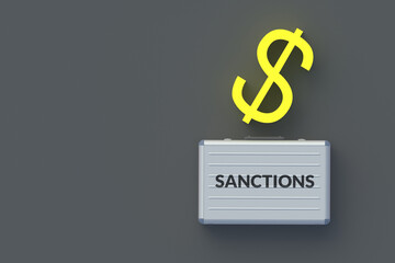 Money briefcase with inscription sanctions. Severe financial constraints. Prohibition of international transfers. Strict ban on financial activities. Economic restrictions. 3d render