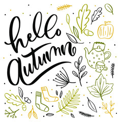 Hello Autumn Lettering with leaves