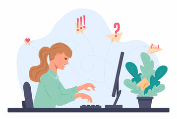 Smiling girl is sitting at the table and typing on the computer keyboard. Paper planes fly out of the monitor and fly in different directions. Woman send an email. Vector illustration in flat style