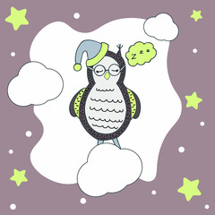 A postcard with a cute owl. The outline of a bird on a background of flowers. Vector illustration for children's room decoration, T-shirt print, greeting card