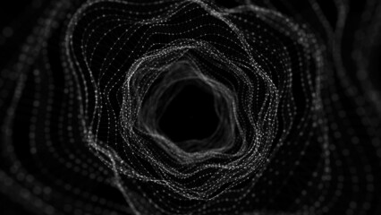 Abstract dynamic wireframe tunnel on black background. Deep wavy wormhole. Futuristic particle flow. 3d rendering.