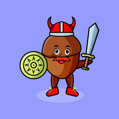 Cute cartoon character Acorn viking pirate with hat and holding sword and shield in cute modern style design for t-shirt, sticker, logo element, poster