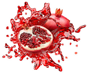 pomegranates in red juice splash with isolated on a white background with clipping path