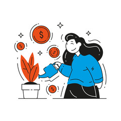 Woman watering houseplant with cash coin dollar money growth concept vector flat illustration. Banking investment, successful financial management, earnings, wealth, venture capital isolated