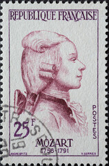 France - circa 1957: a postage stamp from France , showing the portrait of the musician Wolfgang Amadeus Mozart