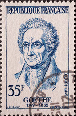 France - circa 1957: a postage stamp from France , showing the portrait of the universal genius and author Johann-Wolfgang von Goethe (1749-1832)