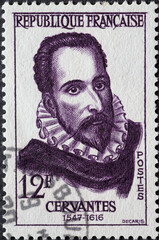France - circa 1957: a postage stamp from France , showing the portrait of the writer Miguel de Cervantes (1547-1616)