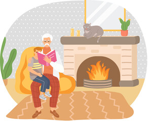 Senior man sitting and read book for his grandson rest outdoor in vacation. Grandpa holding his grandson and reading book with fairy tales. Grandparent, childhood, friendship concept