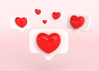 3d heart like social network pink background.
