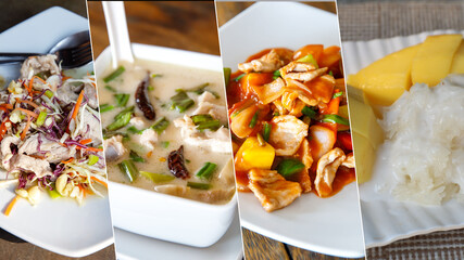 Collage from Photographs of variety Thai meal boiled pork salad, soup Tom Kha, stir fried pork sweet and sour, dessert mango sticky rice. Panorama set dishes from Thailand, asian food concept design