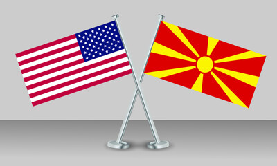 Crossed flags of United State of America (USA) and North Macedonia. Official colors. Correct proportion. Banner design

