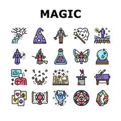 Fototapeta premium Magic Performing And Accessories Icons Set Vector. Rabbit In Hat Illusionist Magic Focus And Show, Crystal And Book, Card And Sphere, Potion Liquid And Fairy Line. Color Illustrations