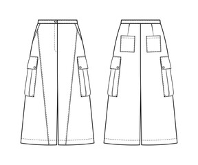 Fashion techncal drawing of cargo culottes. 
