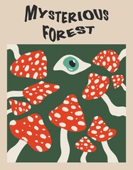 Hand-drawn abstract shapes. Fly agaric and eye. Cartoon, psychedelic style. Flat design. All elements are isolated. Flyer template.