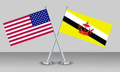 Crossed flags of United State of America (USA) and Brunei. Official colors. Correct proportion. Banner design
