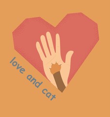 Obraz premium illustration on the theme of love for a cat. depicts a human palm and a cat's paw on the background of the heart