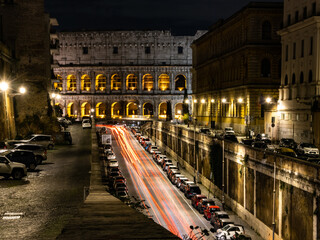 Cars light trails near the Coloseum,    Rome, Italy. Also Known As Flavian Amphitheatre In Evening...
