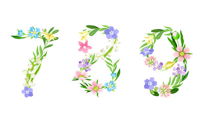 7, 8, 9 numbers made of leaves and flowers. Floral numbers for wedding, invitation greeting card design cartoon vector illustration