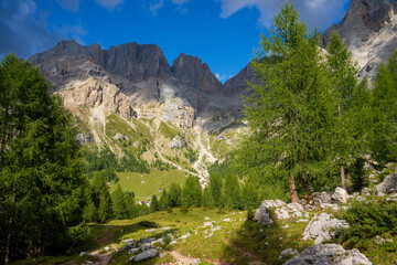 The beautiful mountain landscape of Val Contrin with the Marmolada massif. Dolomites.