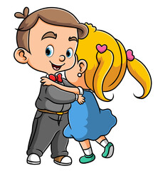 The happy little girl is hugging the boyfriend