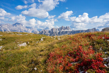 Great peaks and meadows in the Cinque Torri area. Dolomites.