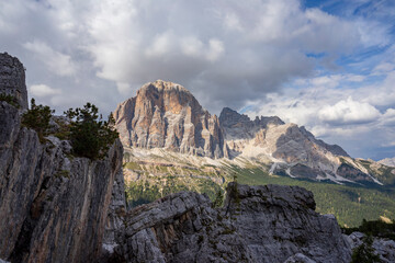 Great rock walls of Tofana massif in the Dolomites. Italy.