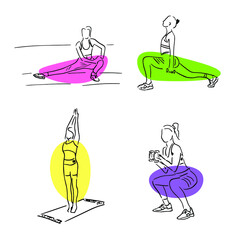 Do exercises in the morning. Young woman doing stretching exercises at home during quarantine. Vector illustration of a young woman in a sports top and leggings doing squats with dumbbells
