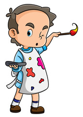 The little boy is painting with the brush and holding the color palette