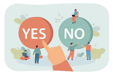 Fototapeta na wymiar Giant hand of man choosing between yes and no button. Person pushing one of two buttons, tiny young people flat vector illustration. Dilemma, choice concept for banner, website design or landing page