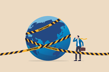 Fototapeta World economic sanctions, force country to obey international law by limit or stop trading concept, businessman look at planet earth world country with prohibited yellow tape with word sanctions. obraz
