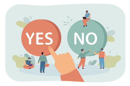 Giant Hand Of Man Choosing Between Yes And No Button. Person Pushing One Of Two Buttons, Tiny Young People Flat Vector Illustration. Dilemma, Choice Concept For Banner, Website Design Or Landing Page