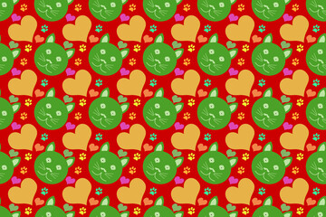 Seamless cute cat face pattern, for wallpaper, gift wrap, red background.