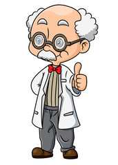 The smart professor with the laboratory coat is giving the thumb up