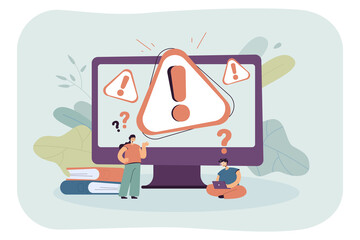 Tiny cartoon persons with error on computer screen. Warning on web page, system alert or mistake, wrong site flat vector illustration. Technology, warning concept for banner or website design - obrazy, fototapety, plakaty